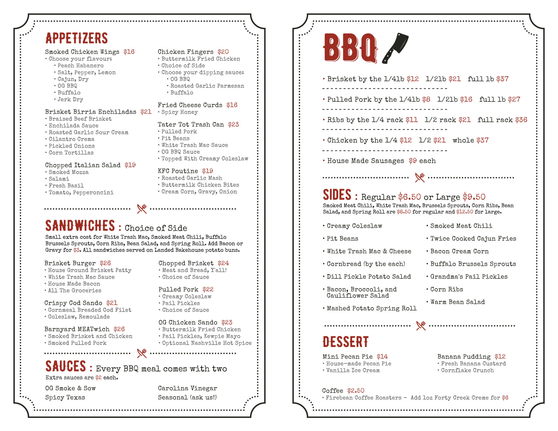 smoke and sow dinner menu