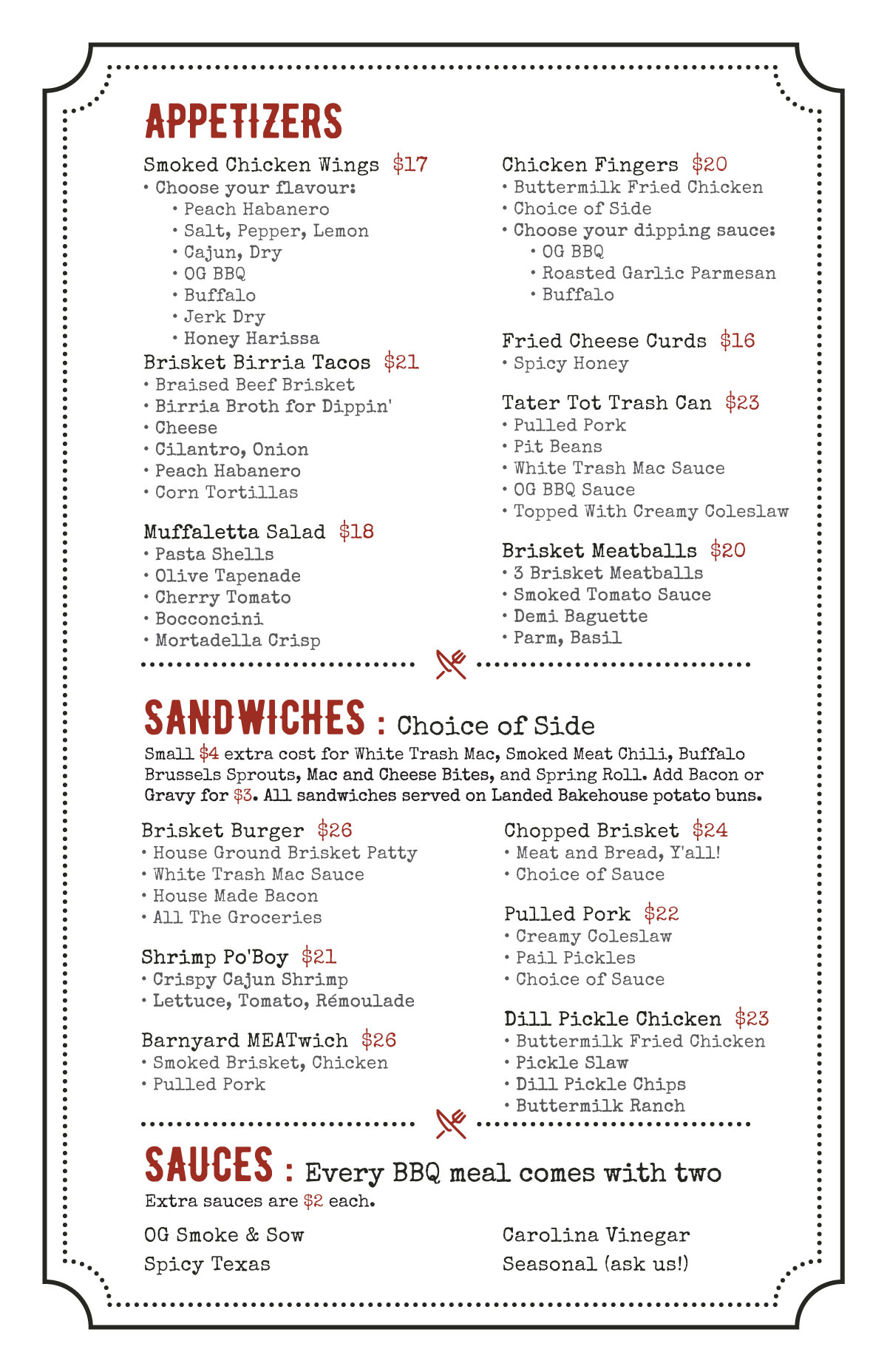 smoke and sow dinner menu