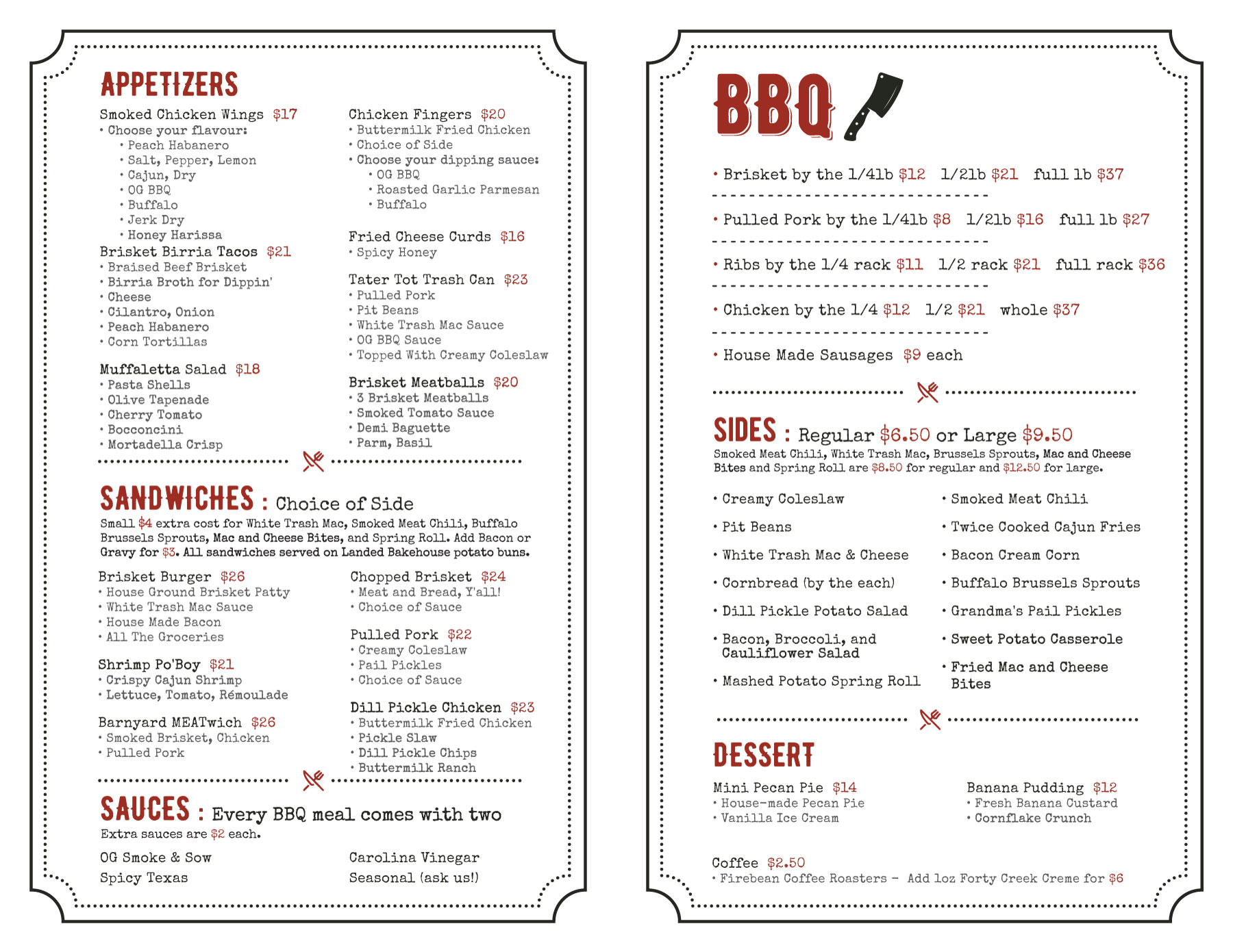 smoke and sow dinner menu