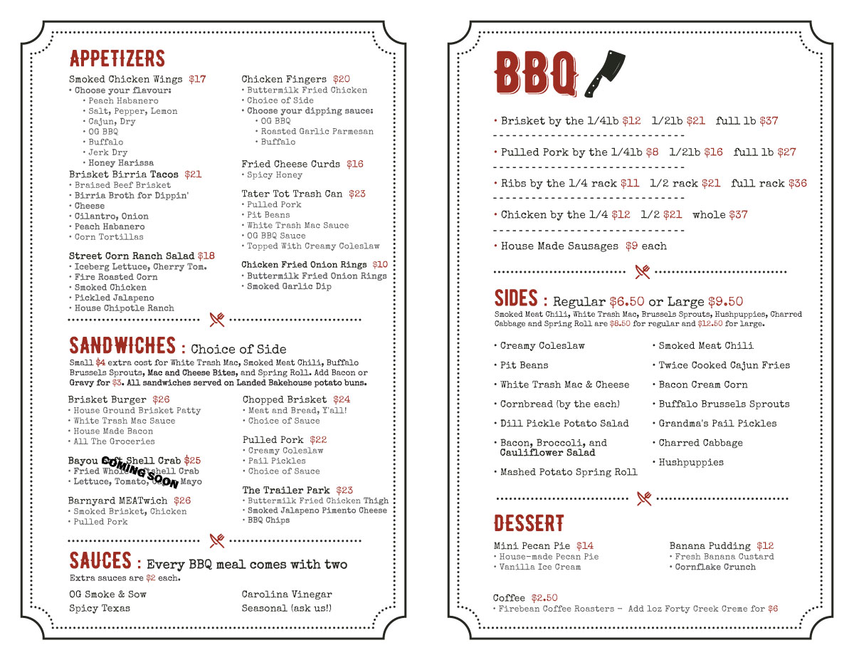smoke and sow dinner menu